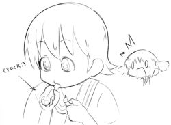 2girls aioi_yuuko arrow_(symbol) bags_under_eyes cube_hair_ornament drugs english_text family_guy greyscale hair_ornament highres holding holding_lighter lighter mad_mex meme monochrome multiple_girls naganohara_mio nichijou o_o open_mouth pipe_in_mouth school_uniform short_hair short_sleeves short_twintails sketch smoking smoking_pipe tokisadame_school_uniform twintails wide-eyed