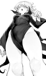 Rule 34 | 1girl, absurdres, breasts, collared dress, covered navel, dress, from below, groin, highres, long sleeves, looking at viewer, looking down, monochrome, niwarhythm, one-punch man, open mouth, pelvic curtain, pointing, pointing at viewer, simple background, small breasts, solo, swept bangs, tatsumaki, thighs