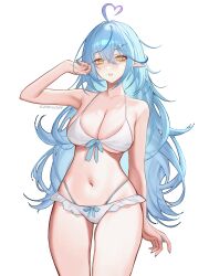 1girl absurdres ahoge artist_name bare_arms bare_shoulders bikini blue_hair blue_nails blush breasts cleavage commission cowboy_shot crossed_bangs elf evangellium frilled_bikini frills hair_between_eyes hair_ornament hairclip hand_up hashtag-only_commentary heart heart_ahoge highleg highleg_bikini highres hololive large_breasts layered_bikini long_hair looking_at_viewer nail_polish navel parted_lips pointy_ears simple_background solo standing stomach string_bikini swimsuit teeth underboob very_long_fingernails very_long_hair virtual_youtuber white_background white_bikini yellow_eyes yukihana_lamy