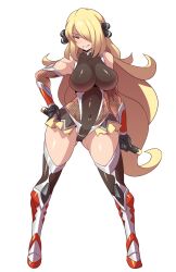 1girl black_gloves black_leotard black_thighhighs blonde_hair blush boots breasts commentary_request cosplay covered_collarbone covered_erect_nipples covered_navel crossover cynthia_(pokemon) fishnets full_body gloves gradient_background grey_background grey_eyes grin hair_ornament hair_over_one_eye hand_on_own_hip highleg highleg_leotard highres igawa_sakura igawa_sakura_(cosplay) impossible_clothes impossible_leotard katana knee_boots konno_tohiro large_breasts legs legs_apart leotard long_hair looking_at_viewer multiple_views ninja nintendo pokemon pokemon_dppt reverse_grip showgirl_skirt simple_background skin_tight smile sword taimanin_(series) taimanin_asagi taimanin_suit thighhighs thighhighs_under_boots thighs very_long_hair weapon white_background