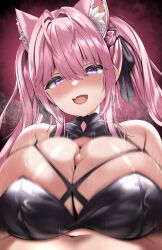 1boy 1girl animal_ears antenna_hair bare_shoulders black_dress black_ribbon blush braid breasts circussion cleavage dress fang hair_intakes hair_ribbon hakui_koyori hakui_koyori_(dark_maid) hololive huge_breasts long_hair open_mouth paizuri penis pink_background pink_eyes pink_hair ribbon skin_fang smile solo twintails virtual_youtuber wolf_ears wolf_girl