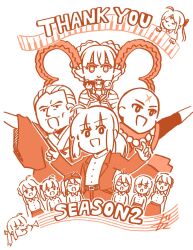3boys 6+girls ahoge artoria_caster_(fate) artoria_pendragon_(fate) artoria_pendragon_(lancer)_(fate) artoria_pendragon_(lancer_alter)_(fate) bald beads character_request commentary_request conductor conductor_baton facial_mark fate/grand_order fate_(series) forehead_mark fujimaru_ritsuka_(male) fujimaru_ritsuka_wa_wakaranai glasses greyscale hakama hat highres houzouin_inshun_(fate) instrument jacket japanese_clothes larva_tiamat_(fate) mash_kyrielight monochrome multiple_boys multiple_girls music mysterious_heroine_x_(fate) mysterious_heroine_x_alter_(fate) opaque_glasses orange_theme playing_instrument ponytail prayer_beads saber_(fate) saber_alter saber_lily sidelocks thank_you tiamat_(fate) trumpet tsuchida tuxedo yagyuu_munenori_(fate)