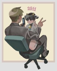2boys absurdres age_difference anheng3ll animal_ears bell black_hair blunt_bangs blush cellphone character_age child flip_phone formal_clothes highres horns implied_yaoi kageyama_shigeo long_sleeves male_focus mob_psycho_100 multiple_boys neck_bell onii-shota painterly pale_skin pants phone reigen_arataka shirt shoes short_hair shorts simple_background smile socks suit sweat v