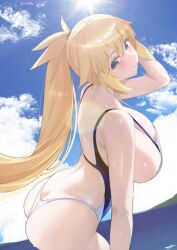 1girl absurdres ass bare_shoulders blonde_hair blue_eyes blue_sky breasts butt_crack cleavage fate/grand_order fate_(series) high_ponytail highres jeanne_d&#039;arc_(fate) jeanne_d&#039;arc_(swimsuit_archer)_(fate) jeanne_d&#039;arc_(swimsuit_archer)_(second_ascension)_(fate) kurozawa_yui large_breasts long_hair looking_at_viewer one-piece_swimsuit ponytail sideboob sky solo swimsuit thighs very_long_hair white_one-piece_swimsuit