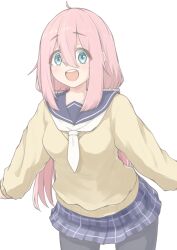 1girl :d absurdres ahoge black_pantyhose blue_eyes blue_sailor_collar blue_skirt breasts commentary cowboy_shot hair_between_eyes hair_ornament hair_scrunchie highres hood hoodie kagamihara_nadeshiko leaning_forward long_hair long_hair_between_eyes low_twintails medium_breasts miniskirt neckerchief open_mouth pantyhose pink_hair plaid_clothes plaid_skirt pleated_skirt sailor_collar school_uniform scrunchie serafuku sidelocks skirt smile solo twintails white_neckerchief white_scrunchie yellow_hoodie yurucamp zacuro