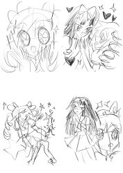 Rule 34 | 6+girls, black hair, bow, commentary, dual persona, english commentary, glitch productions, hair bow, heart, highres, holding, holding wand, linnea kataja, long hair, looking at another, miniskirt, multiple girls, neckerchief, official art, pleated skirt, production art, ringlets, sailor collar, school uniform, serafuku, sketch, skirt, sparkle, sparkling eyes, star (symbol), the amazing digital circus, wand, yuri