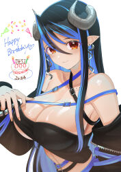 1girl bandeau belt black_bandeau black_belt black_hair black_jacket blue_belt blue_hair blush breasts brown_eyes buren chest_belt cleavage closed_mouth collarbone commentary_request curled_horns dated demon_girl demon_horns fingernails grey_horns hair_between_eyes happy_birthday hebiyoi_tier hebiyoi_tier_(1st_costume) highres horns jacket large_breasts long_bangs long_hair long_sleeves looking_at_viewer multicolored_hair nanashi_inc. off_shoulder open_clothes open_jacket pointy_ears shiny_skin sidelocks simple_background smile snake_bite solo two-tone_hair upper_body virtual_youtuber white_background