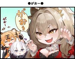 Rule 34 | 3girls, animal ears, ascot, azur lane, black bra, black gloves, blonde hair, bra, breasts, brown hair, chibi, chibi only, claw pose, cleavage, commentary request, crossed bangs, fang, fingerless gloves, gloves, grey eyes, hair intakes, hands up, hu pen (azur lane), lace, lace-trimmed bra, lace trim, large breasts, lion (azur lane), multiple girls, official art, open mouth, orange eyes, satogo, short hair, thick eyebrows, tiger ears, tiger girl, translation request, u-110 (azur lane), underwear, upper body, white ascot, white hair