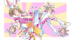 1girl :d ;d absurdres animal_ear_hairband animal_ears blush bob_cut boots border box brown_hair cardboard_box chibi chibi_inset commentary detached_sleeves fake_animal_ears full_body gloves hairband hands_on_own_cheeks hands_on_own_face highres hito_(maruhito) inverted_bob knee_boots looking_at_viewer love_live! love_live!_nijigasaki_high_school_idol_club nakasu_kasumi nijiiro_lumiere official_alternate_costume one_eye_closed open_mouth outside_border pantyhose pink_background pink_eyes puffy_short_sleeves puffy_sleeves rabbit_ear_hairband rabbit_ears short_hair short_sleeves sleeveless smile sunburst sunburst_background symbol-only_commentary two-tone_background white_boots white_border white_gloves white_pantyhose yellow_background yellow_hairband