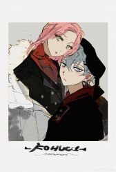 Rule 34 | 1boy, 1girl, alien stage, black coat, coat, green eyes, grey hair, highres, kltstea, long hair, mizi (alien stage), pink hair, red shirt, shirt, short hair, till (alien stage), yellow eyes