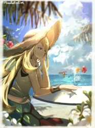 1girl absurdres bikini bikini_under_clothes blonde_hair blue_sarong blue_sky bo_(bouillustration) bracelet breasts brown_hat closed_mouth cloud crop_top cup cynthia_(pokemon) cynthia_(summer_2025)_(pokemon) flower gen_3_pokemon glass grey_eyes hair_over_one_eye hat highres holding holding_cup jewelry long_hair midriff milotic nintendo ocean official_alternate_costume outdoors pokemon pokemon_(creature) pokemon_masters_ex sarong shirt sitting sky solo sun_hat sunlight swimsuit table tied_shirt very_long_hair