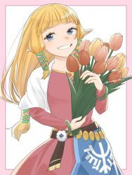 1girl belt blonde_hair blue_eyes blunt_bangs border bouquet brown_belt commentary_request cowboy_shot dress flower grin highres holding holding_bouquet long_hair long_sleeves looking_at_viewer low-tied_long_hair maya_(mayamayammy) nintendo outside_border pink_border pink_dress pink_flower pink_tulip pointy_ears princess_zelda shawl sidelocks signature smile solo the_legend_of_zelda the_legend_of_zelda:_skyward_sword tulip white_background white_shawl yellow_flower yellow_tulip