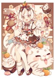 1girl 2022 :d animal animal_ear_fluff animal_ears apron asymmetrical_legwear black_sandals blush brown_dress brown_eyes chinese_zodiac claw_pose commentary_request dress fang food food_on_head frilled_apron frills fruit fruit_on_head full_body fur-trimmed_socks fur_wrist_cuffs hair_ribbon hand_up holding holding_animal hyou_(pixiv3677917) long_sleeves looking_at_viewer mandarin_orange neck_ribbon new_year object_on_head okobo open_mouth original platform_sandals red_ribbon ribbon sandals short_hair signature single_sock single_thighhigh sitting smile socks solo tabi tail tail_ornament tail_ribbon thick_eyebrows thighhighs tiger tiger_ears tiger_girl tiger_tail uneven_legwear white_apron white_hair white_socks white_thighhighs wide_sleeves wrist_cuffs year_of_the_tiger yellow_eyes