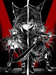 animal_hood black_souls black_souls_2 breasts cape character_request chengzilong8 cleavage dual_wielding fur-trimmed_hood fur_trim highres holding holding_sword holding_weapon hood hood_up hooded_cape looking_at_viewer red_hood_(black_souls) reticle revealing_clothes sword symbol-shaped_pupils thighhighs weapon