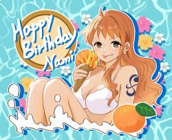 1girl absurdres bare_shoulders bikini birthday breasts character_name cleavage commentary_request earrings feet_out_of_frame flower food fruit happy_birthday highres holding holding_ice_cream_cone ice_cream_cone jewelry large_breasts long_hair looking_at_viewer magu_pink mandarin_orange nami_(one_piece) one_piece orange_eyes orange_hair pearl_earrings pink_flower shoulder_tattoo single_sidelock solo swimsuit tattoo tongue tongue_out water wavy_hair white_bikini yellow_flower