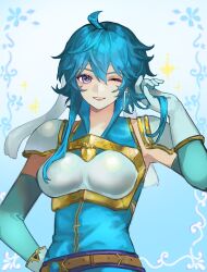 Rule 34 | 1girl, absurdres, ahoge, arknights yuu12, armor, belt, blue hair, border, breastplate, breasts, brooch, commission, commissioner upload, earrings, elbow gloves, fire emblem, fire emblem: genealogy of the holy war, gloves, gradient background, hand in own hair, hand on own hip, headband, highres, if they mated, jewelry, nintendo, one eye closed, original, outside border, popped collar, purple eyes, sash, selia, short hair, shoulder armor, sidelocks, simple background, skeb commission, sleeveless, smile, solo, sparkle, star (symbol), tomboy, tunic, white headband