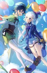 Rule 34 | 1boy, 1girl, absurdres, anemo symbol (genshin impact), aqua eyes, aqua hair, ascot, balloon, bbtskazedaaaaa, beret, black hair, black shirt, blue ascot, blue eyes, blue gloves, blue hair, blue headwear, blue jacket, blue sky, blue vest, blush, bow, bowtie, brown corset, brown footwear, cape, cloud, corset, day, floating, flower, full body, furina (genshin impact), genshin impact, gloves, green cape, green headwear, hat, hat flower, hat ornament, high collar, highres, jacket, long sleeves, multicolored hair, open mouth, outdoors, pantyhose, shirt, short hair, short shorts, shorts, sky, thigh strap, tongue, top hat, twitter username, upper body, venti (genshin impact), vest, vision (genshin impact), white hair, white pantyhose, white shirt