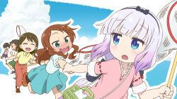 2boys 3girls anime_coloring black_bow blue_eyes blunt_bangs blush bow brown_hair child closed_eyes cloud cloudy_sky eyebrows_hidden_by_hair frilled_shirt frills gradient_hair green_eyes green_skirt hairband highres holding holding_hands kagero_(plusup) kanna_kamui kobayashi-san_chi_no_maidragon looking_at_another looking_to_the_side low_twintails multicolored_hair multiple_boys multiple_girls open_mouth purple_hair running saikawa_riko shirt short_sleeves sidelocks skirt sky smile sphere_hair_ornament twintails white_shirt