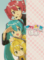 1990s_(style) 3girls :d :o absurdres ahoge akita_neru antenna_hair black_shirt blonde_hair blue_eyes blue_hair cellphone checkmark collared_shirt detached_sleeves drill_hair faux_retro_artstyle flip_phone gradient_background grey_shirt hair_between_eyes hand_on_own_chin hatsune_miku headphones highres kasane_teto kasane_teto_(utau) long_hair looking_at_viewer looking_to_the_side menma_(enaic31) multiple_girls nail_polish open_mouth phone polka_dot_border red_eyes red_hair red_nails retro_artstyle salute shirt short_hair side_ponytail sleeveless smile triple_baka_(vocaloid) twin_drills twintails upper_body utau vocaloid yellow_eyes