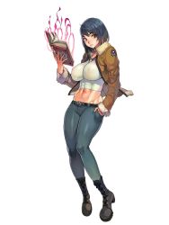 1girl abs black_hair book boots brown_eyes covered_erect_nipples denim f.s. female_focus impossible_clothes jeans looking_at_viewer original pants short_hair solo tight_clothes