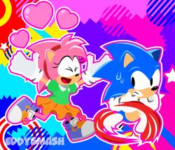 Rule 34 | 1boy, 1girl, amy rose, artist name, chasing, commentary, eddysmash2407, english commentary, heart, hedgehog boy, hedgehog girl, highres, sonic (series), sonic the hedgehog, watermark