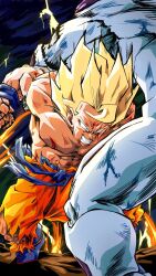 Rule 34 | 2boys, alien, battle, blonde hair, blood, blood on arm, blood on face, blue shirt, clenched hand, clenched teeth, colored skin, commentary request, dragon ball, dragonball z, flying, frieza, full power frieza, green eyes, highres, male focus, medium hair, multiple boys, muscular, muscular male, nishitakuart, open mouth, orange pants, pants, shirt, smear frame, son goku, spiked hair, super saiyan, super saiyan 1, teeth, thunder, torn clothes, torn shirt, white skin