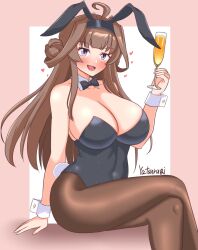 1girl ahoge alcohol alternate_costume animal_ears black_bow black_bowtie black_headband black_leotard bow bowtie breasts brown_pantyhose champagne champagne_flute cleavage covered_navel crossed_legs cup detached_collar double_bun drinking_glass fake_animal_ears fake_tail hair_bun headband highleg highleg_leotard highres holding holding_cup kantai_collection kongou_(kancolle) large_breasts leotard long_hair pantyhose playboy_bunny purple_eyes rabbit_ears rabbit_tail sitting solo strapless strapless_leotard tail traditional_bowtie very_long_hair white_wrist_cuffs wrist_cuffs yatsurugi