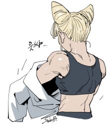 1girl back bare_shoulders blonde_hair commentary_request cone_hair_bun double_bun from_behind hair_bun hood hoodie ichigo_beeru korean_commentary korean_text muscular muscular_female short_hair signature simple_background solo sports_bra tomarigi_yasumi toshi_densetsu_kaitai_center undressing upper_body white_background