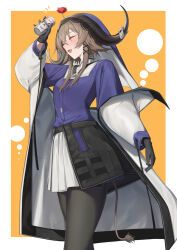1girl :d ^_^ absurdres arknights arm_up beer_can black_gloves black_horns black_pantyhose blush border brown_tail can closed_eyes commentary cowboy_shot drink drink_can drunk flower flower_on_head gloves hair_ornament headscarf highres holding holding_can holding_drink horns notice_lines open_mouth outside_border pallas_(arknights) pantyhose r_oot red_flower red_rose rose short_hair_with_long_locks sidelocks smile solo standing tail white_border x_hair_ornament yellow_background