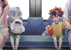 2boys 2girls blue_eyes blue_hair child doll hair_between_eyes hasegawa_langa headband highres kyan_reki looking_at_viewer male_focus messy_hair multiple_boys multiple_girls open_mouth orange_eyes red_hair seat shirt shoes short_hair shorts sk8_the_infinity socks t-shirt train uppi yeti_(creature)