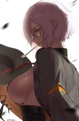 1girl absurdres black_jacket breasts commentary_request earrings from_side girls&#039;_frontline hat highres holding holding_unworn_clothes holding_unworn_hat jacket jacket_on_shoulders jewelry large_breasts looking_at_viewer monocle pink_hair pipe_in_mouth red_eyes saturndxy short_hair sideboob smile smoking_pipe solo thompson_(girls&#039;_frontline) thompson_(infernal_hannya)_(girls&#039;_frontline) unworn_hat unworn_headwear upper_body white_background