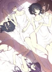 Rule 34 | 6+girls, absurdres, bare legs, black hair, brown hair, closed eyes, closed mouth, commentary request, cuddling, dress, from above, highres, holding another&#039;s wrist, holding hands, hug, long hair, looking at another, multiple girls, on bed, original, purple eyes, purple hair, scar, scar on chest, setsuna 18, short hair, sleeping, sleeveless, sleeveless dress, vomiting rainbows, white background, white dress, yuri