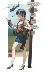 1girl absurdres aircraft alice_gear ar-18 artist_name assault_rifle aviator_sunglasses black_gloves blue_eyes blue_hair blue_necktie blue_skirt breasts collared_shirt commentary earrings full_body gloves gun gun_sling handgun helicopter high_heels highres holding holding_phone holstered inset_border jewelry long_hair looking_at_viewer m1911 medium_hair naomi_kennedy necktie open_mouth pencil_skirt phone pouch puto_trash rifle road_sign satellite_phone shirt sign skirt sleeveless sleeveless_shirt smoke standing sunglasses sweat teeth uh-1_iroquois unlit_cigarette_in_mouth we_love_cold_war weapon wet wet_clothes wet_shirt white_shirt