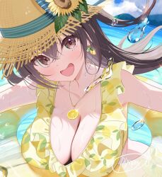 1girl bikini breasts brown_eyes brown_hair cleavage cloud cloudy_sky earrings flower food food-themed_earrings food_print fruit fruit_print hat hat_flower innertube jewelry large_breasts lemon lemon_print lemon_slice long_hair necklace ocean open_mouth original piyopoyo signature sky smile solo sun_hat sunflower swim_ring swimsuit wet yellow_bikini