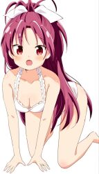1girl blush bra collarbone frilled_bra frills hair_ribbon high_ponytail kneeling long_hair looking_at_viewer mahou_shoujo_madoka_magica open_mouth ponytail red_eyes red_hair ribbon sakura_kyoko simple_background solo tsubaki_(tatajd) underwear very_long_hair white_background white_bra