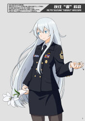 1girl absurdres alternate_costume black_jacket black_necktie black_pantyhose black_skirt blue_eyes boss_coffee can canned_coffee character_name cigarette closed_mouth collared_shirt commentary_request drink_can flower grey_background hair_between_eyes hibiki_(kancolle) highres holding holding_can holding_cigarette jacket kantai_collection long_hair long_sleeves looking_to_the_side military_dress_uniform military_rank_insignia military_uniform naval_dress_uniform naval_uniform necktie pantyhose pencil_skirt ribbon_bar samusara shirt simple_background skirt solo white_hair white_shirt