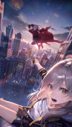 1boy 3girls absurdres archer_(fate) black_gloves black_jacket black_skirt black_thighhighs blue_eyes brown_hair building carrying city city_lights cityscape coat command_spell commentary_request crossover eye_reflection fate/stay_night fate_(series) female_pov firefly_(honkai:_star_rail) floating_hair gloves grey_hair highres honkai:_star_rail honkai_(series) jacket loafers long_hair looking_at_viewer midair mugetsu2501 multiple_girls open_mouth pointing pointing_at_another pov pov_hands princess_carry red_coat red_sweater reflection shirt shoes shooting_star short_hair skirt sky skyscraper star_(sky) starry_sky stelle_(honkai:_star_rail) sun sunrise sweatdrop sweater teeth thigh_strap thighhighs tohsaka_rin trailblazer_(honkai:_star_rail) white_shirt