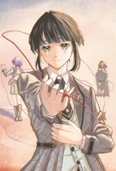 3girls arms_behind_back black_hair black_necktie black_socks blue_cardigan blunt_bangs braid brown_hair cardigan cerise_bouquet closed_mouth collared_shirt commentary_request dress_shirt green_eyes grey_jacket hanamusubi_(love_live!) hinoshita_kaho jacket kneehighs link!_like!_love_live! lone_nape_hair long_sleeves looking_at_viewer love_live! low_twin_braids low_twintails momose_ginko multiple_girls necktie official_alternate_costume official_alternate_hairstyle open_clothes open_jacket otomune_kozue plaid_clothes plaid_jacket purple_hair sasuga_(sora_ni_kaeru_uta) shirt short_hair short_necktie sidelocks smile socks solo_focus split_mouth standing string string_of_fate string_on_pinky twin_braids twintails upper_body virtual_youtuber white_shirt