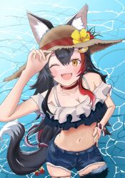 1girl ;d animal_ear_fluff animal_ears bikini black_hair breasts choker cleavage denim flower hair_between_eyes hand_on_headwear hand_on_own_hip hat hat_flower highres hololive holonatsu_paradise long_hair looking_at_viewer medium_breasts multicolored_hair navel official_alternate_costume one_eye_closed ookami_mio ookami_mio_(holonatsu_paradise) open_mouth red_choker red_hair short_shorts shorts smile solo straw_hat streaked_hair swimsuit tail tail_around_own_leg virtual_youtuber water wolf_ears wolf_girl wolf_tail yellow_eyes yusukoooo1115