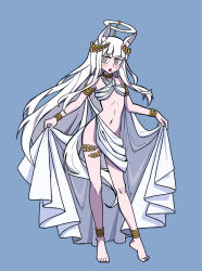 1girl :o alternate_costume ancient_greek_clothes animal_ears arknights bare_shoulders barefoot blue_background bracelet cape cape_lift chinese_commentary commentary_request fake_halo flat_chest gold gold_anklet gold_armlet gold_belt gold_bracelet gold_collar greco-roman_clothes halo highres horse_ears horse_girl horse_tail hydrogina jewelry large_variant_set laurel_crown long_hair looking_at_viewer midriff navel platinum_(arknights) purple_eyes revealing_clothes ringed_eyes simple_background solo tail v-shaped_eyebrows vanripper_(style) variant_set white_cape white_hair yellow_halo