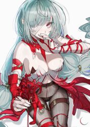 1girl absurdres adapted_costume bandage_over_one_eye bandaged_arm bandages bare_shoulders black_panties black_pantyhose blush breasts commentary covered_navel flower grey_eyes grey_hair hand_up highres holding holding_flower long_hair looking_at_viewer medium_breasts moon_(moondust_00) no_pants panties panties_under_pantyhose pantyhose phrolova_(wuthering_waves) red_pupils sidelocks solo spider_lily symbol-only_commentary underwear very_long_hair wuthering_waves