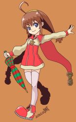 1girl ahoge brown_hair cape closed_mouth dated dress full_body green_eyes hair_ornament hairband lilka_eleniak long_hair looking_at_viewer low-tied_long_hair nohashi_(travel_frontier) sidelocks simple_background skirt smile solo thighhighs twintails umbrella white_thighhighs wild_arms wild_arms_2 yellow_hairband