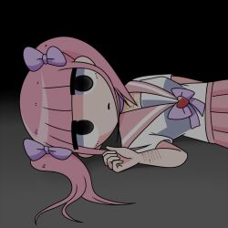 1girl black_background black_eyes blunt_bangs bow collar depressed empty_eyes ezaki_bisuko gradient_background grey_background hair_bow heart hexagram jewelry menhera-chan_(ezaki_bisuko) menhera-chan_(ezaki_bisuko)_(character) necklace on_floor open_mouth pink_hair pink_sailor_collar pink_skirt pleated_skirt purple_bow purple_collar sailor_collar school_uniform self-harm_scar serafuku short_twintails skirt solo star_of_david twintails white_serafuku yami_kawaii