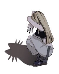 1girl black_hair black_nails black_shirt blonde_hair blunt_ends braid breasts cat_shadow_puppet grey_pants highres hololive hololive_dev_is jewelry klai knee_cutout koganei_niko large_breasts long_hair meme multicolored_hair multiple_rings nail_polish pants ring shadow_puppet shirt side_braid solo squatting straight_hair streaked_hair sweatpants virtual_youtuber white_background