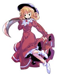 1girl :d \m/ alphes_(style) black_eyes blonde_hair bobby_socks bow breasts capelet commentary_request curly_hair dairi dress elly_(touhou) full_body hair_between_eyes hat hat_bow holding holding_scythe holding_weapon large_variant_set long_sleeves looking_to_the_side medium_breasts open_mouth parody puffy_long_sleeves puffy_sleeves purple_bow purple_dress red_ribbon ribbon ribbon-trimmed_capelet ribbon-trimmed_clothes ribbon_trim scythe short_hair smile socks solo style_parody sweat teeth touhou touhou_(pc-98) transparent_background tsurime upper_teeth_only v-shaped_eyebrows variant_set weapon white_capelet white_hat white_socks