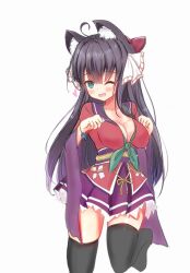 ahoge animal_ears ankuru_(ankle_art2) black_hair black_thighhighs breasts cleavage dress emil_chronicle_online green_eyes hair_ornament highres japanese_clothes kiyohime_lore long_hair miniskirt red_dress skirt standing standing_on_one_leg thighhighs white_background