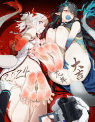 Rule 34 | 2024, 2girls, absurdres, arknights, ass, barefoot, bdsm, bondage, bound, bound arms, bound feet, bound toes, china dress, chinese clothes, chinese new year, disgust, dress, dusk (arknights), feet, foot focus, gagged, grabbing another&#039;s ass, groping, hao guangze yu, highres, looking back, mouth hold, multiple girls, nian (arknights), on ground, open mouth, pale skin, panties, panties in mouth, shaking, side-tie panties, soles, tail, toes, underwear, video camera, white hair
