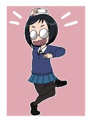 1girl black_hair black_necktie black_pantyhose black_shoes blue_skirt blue_sweater collared_shirt cup cup_on_head dancing emblem girls_und_panzer glasses katsuya_megu miniskirt necktie open_mouth pantyhose pink_background pleated_skirt round_eyewear school_uniform shirt shoes short_hair simple_background skirt smile st._gloriana&#039;s_(emblem) st._gloriana&#039;s_school_uniform standing standing_on_one_leg sweater takahashi_kurage teacup tongue tray white_shirt wing_collar