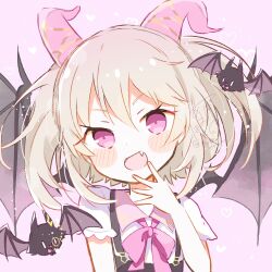 Rule 34 | #compass, 1boy, absurdres, aobahosino, bat (animal), bat wings, blonde hair, blush, bow, bowtie, collared shirt, fang, frilled sleeves, frills, hair between eyes, highres, horns, light blush, looking at viewer, lovey chouchoumarchou, male focus, medium hair, monocle, open mouth, osugaki, pink bow, pink bowtie, portrait, purple eyes, shirt, short sleeves, simple background, solo, trap, white background, white shirt, wings