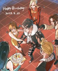 3boys 3girls arm_warmers bare_shoulders black_gloves black_hair black_jacket black_pants blonde_hair blue_cardigan breasts brown_coat brown_hair cake cardigan chain chain_necklace closed_eyes coat cropped_jacket dated detached_sleeves earrings facial_tattoo final_fantasy final_fantasy_viii fingerless_gloves food fur-trimmed_jacket fur_trim gloves hair_pulled_back hand_on_another&#039;s_shoulder happy_birthday highres holding holding_another&#039;s_arm holding_cake holding_food irvine_kinneas jacket jas_(jasjasjasart) jewelry leather leather_jacket leather_pants long_hair long_sleeves medium_breasts midriff_peek multiple_boys multiple_girls navel necklace open_mouth orange_vest overalls pants parted_bangs quistis_trepe rinoa_heartilly selphie_tilmitt short_hair single_earring smile squall_leonhart sweatdrop tattoo thigh_strap tile_floor tiles updo vest wavy_hair yellow_overalls zell_dincht